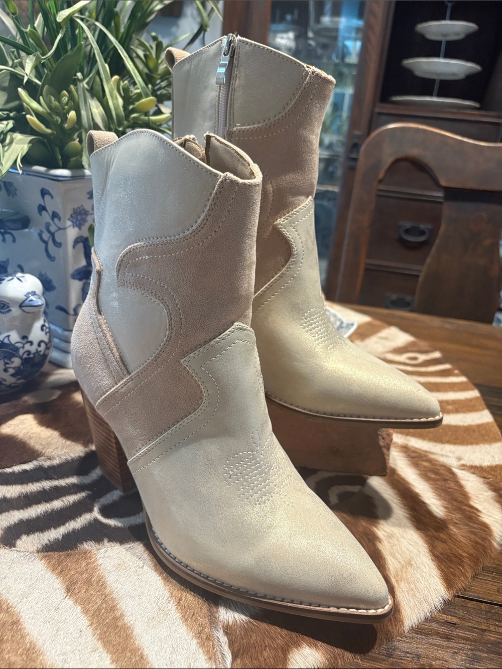Cream Western-Inspired Ankle Booties with Stacked Heel